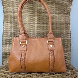Wilsons Leather Brown Orange Pebbled Leather Shoulder Bag Satchel Braided Detail